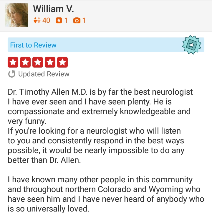 Yelp logo with 5 (five) stars - for neurologist Timothy Tim J. Allen, MD, Neurology Specialists of the Rockies, Cheyenne, Wyoming, Fort Collins, Colorado
